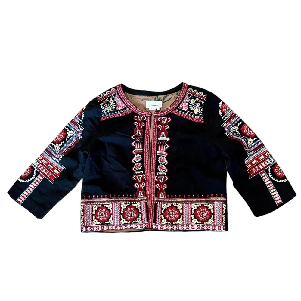 NTHR Women’s Open Front Embroidered Beaded Black Cotton Crop Jacket - Picture 6 of 12